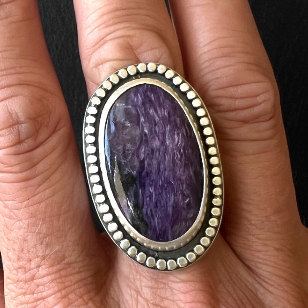 Charoite Sterling Silver Beaded Ring - Size Q½