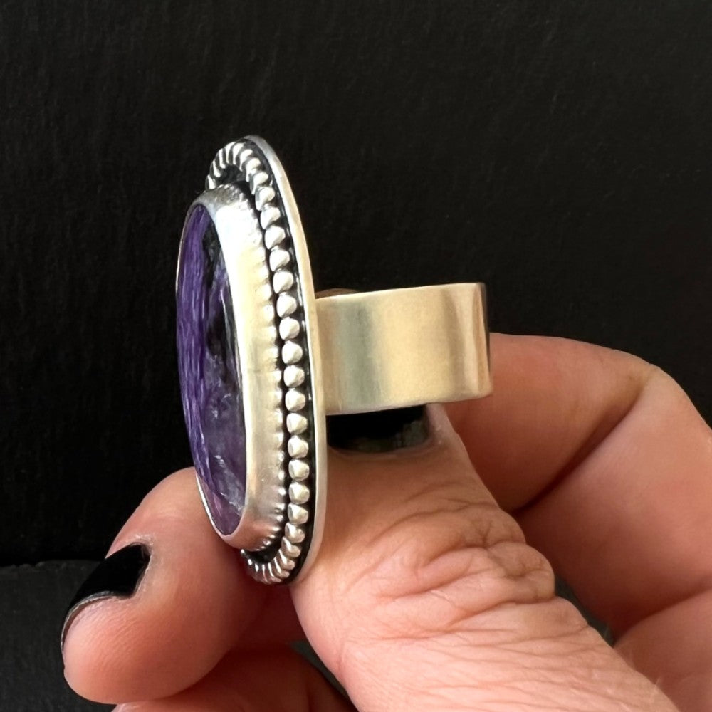 Charoite Sterling Silver Beaded Ring - Size Q½