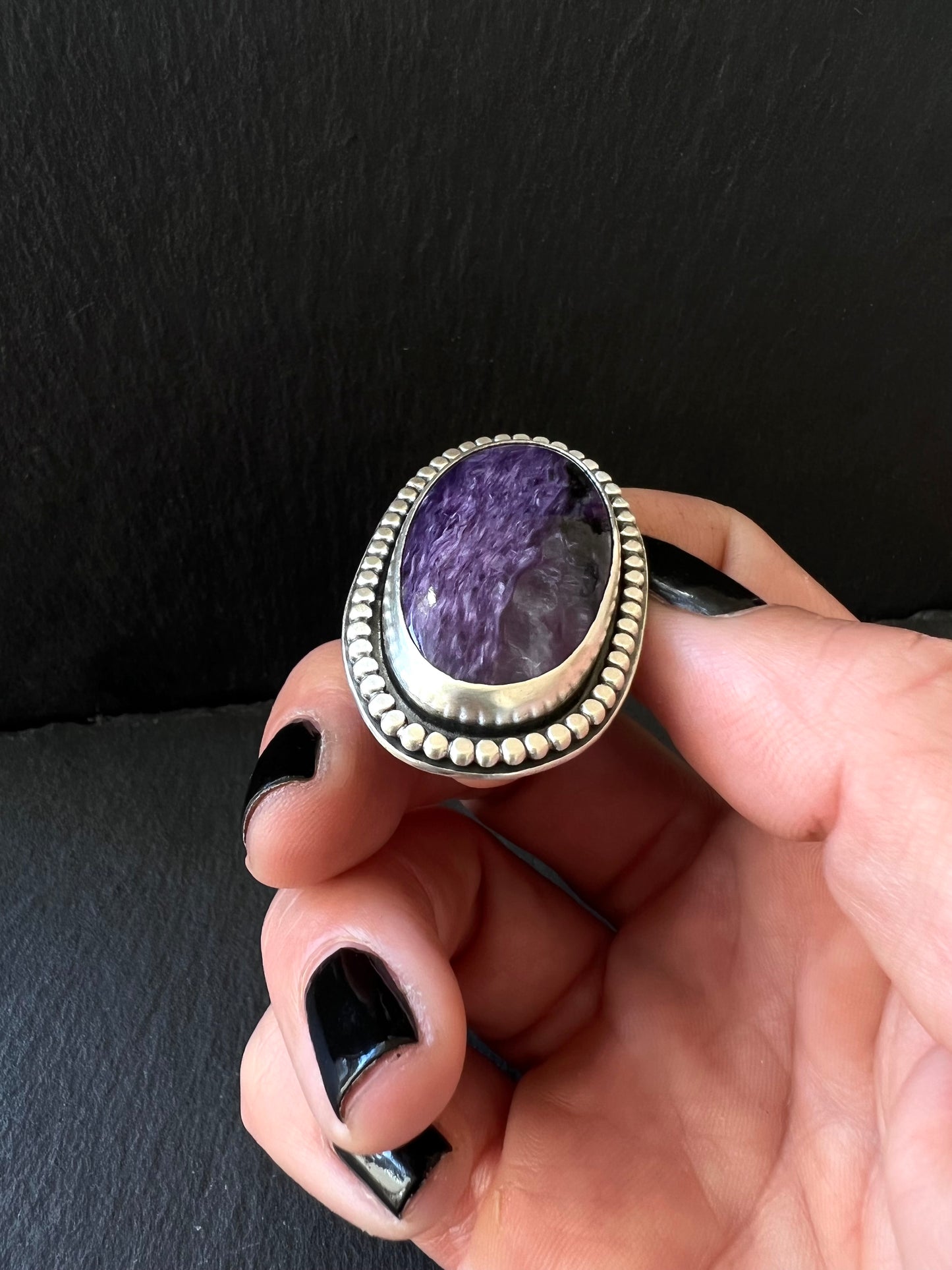 Charoite Sterling Silver Beaded Ring - Size Q½