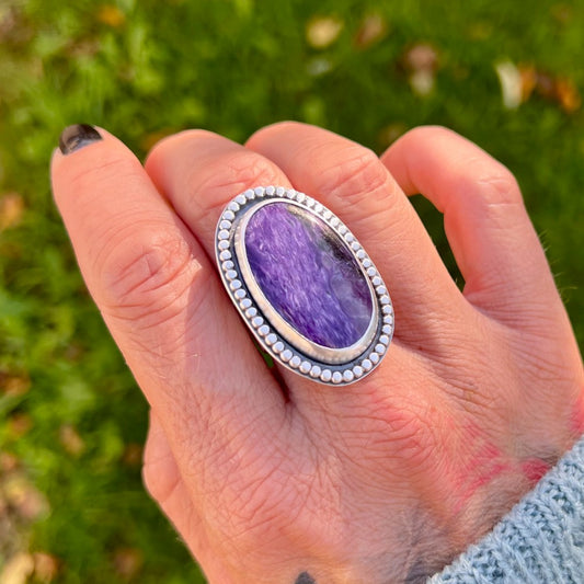Charoite Sterling Silver Beaded Ring - Size Q½