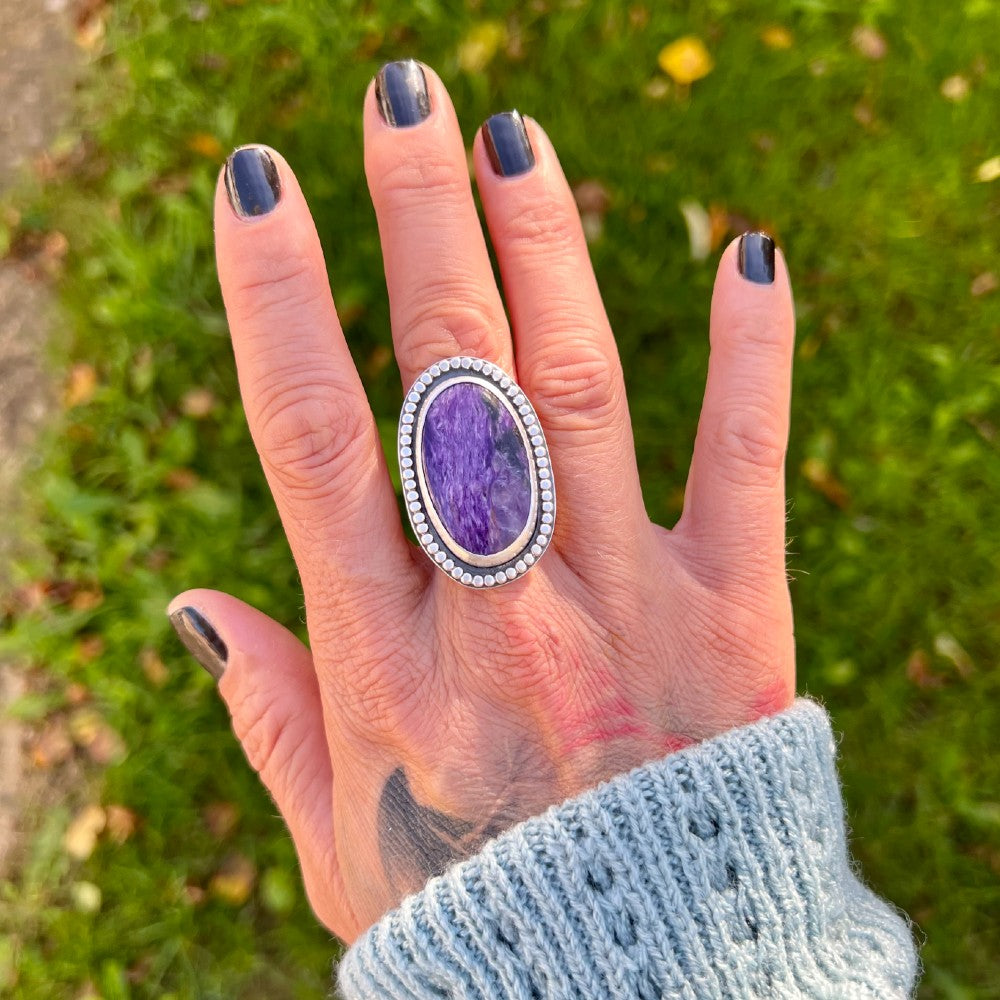 Charoite Sterling Silver Beaded Ring - Size Q½