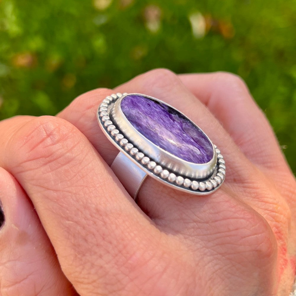 Charoite Sterling Silver Beaded Ring - Size Q½