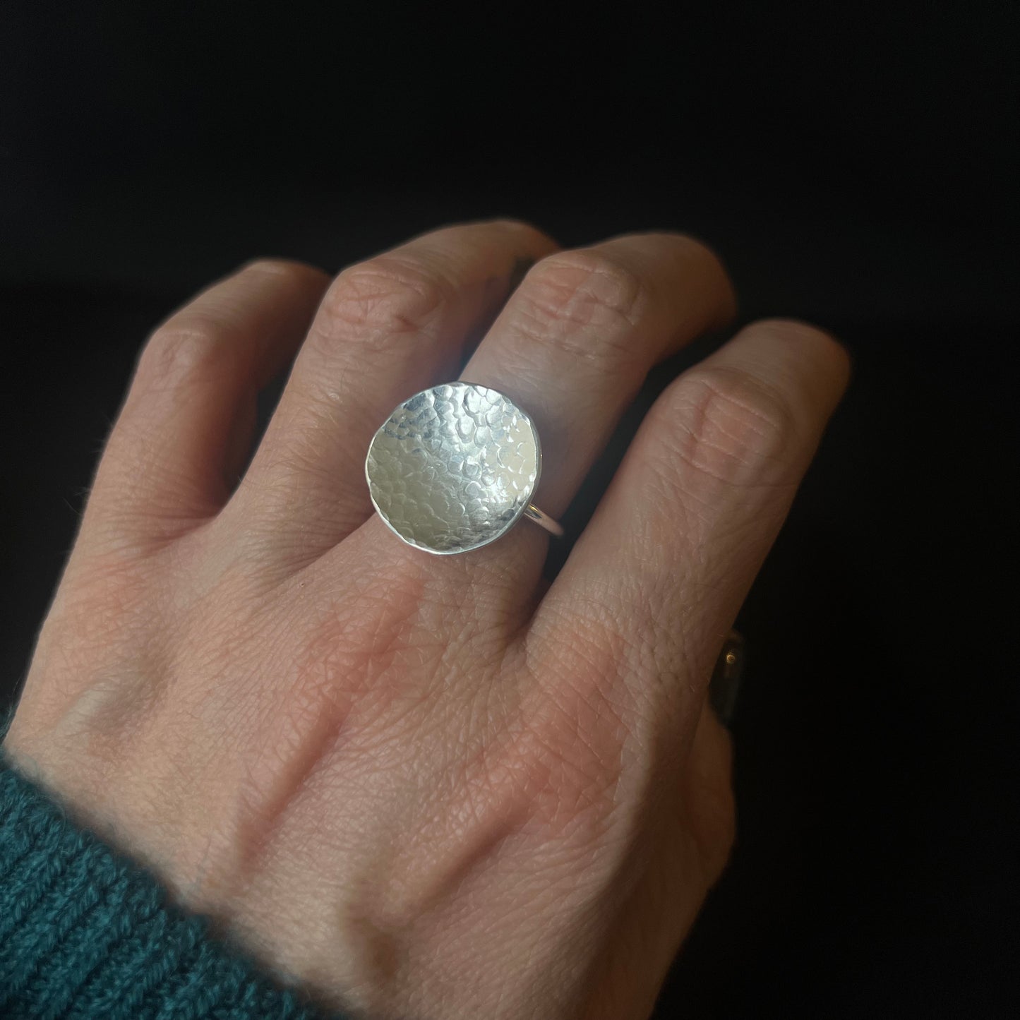 Hammered Disc Sterling Silver Ring - Size P