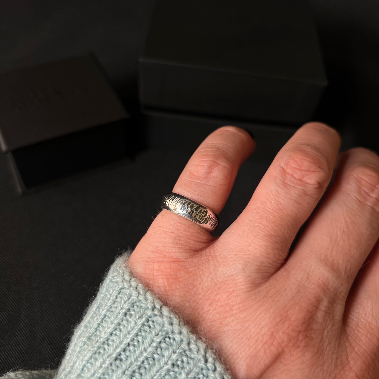 Textured Oxidised Bark Ring - Size J