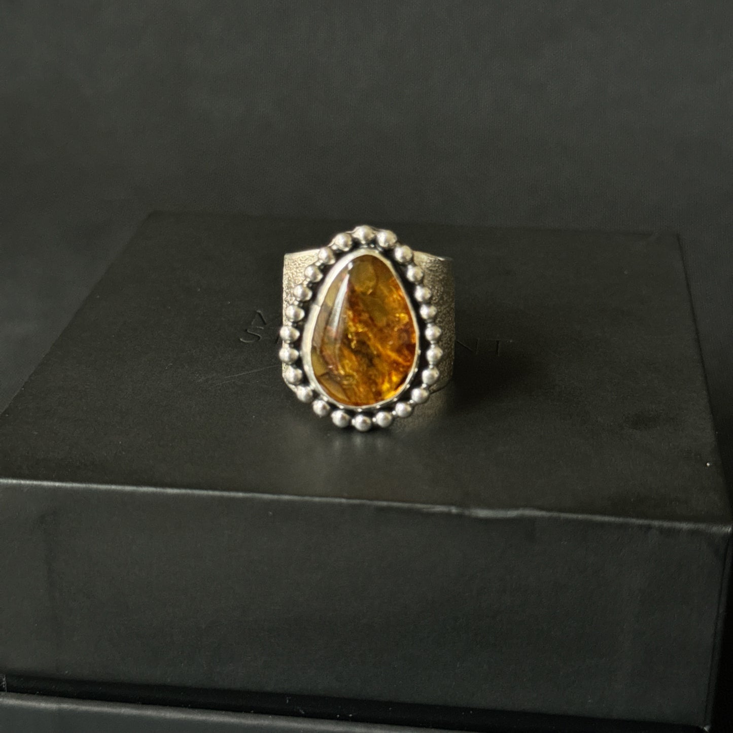 Amber Cuff Sterling Silver Ring - Size Q