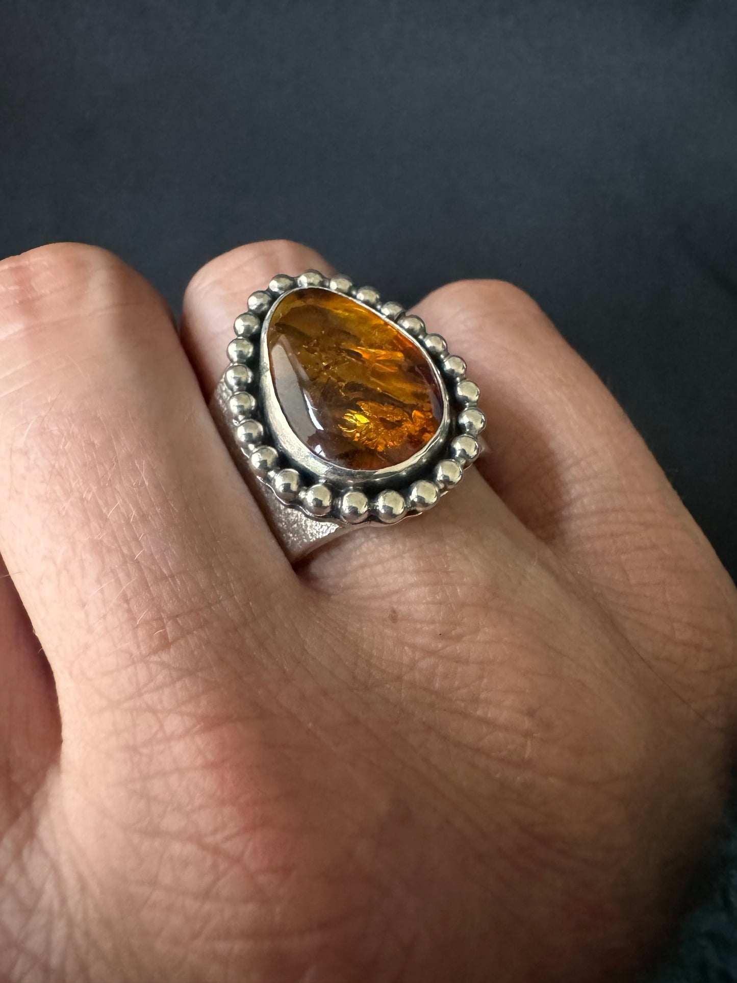 Amber Cuff Sterling Silver Ring - Size Q