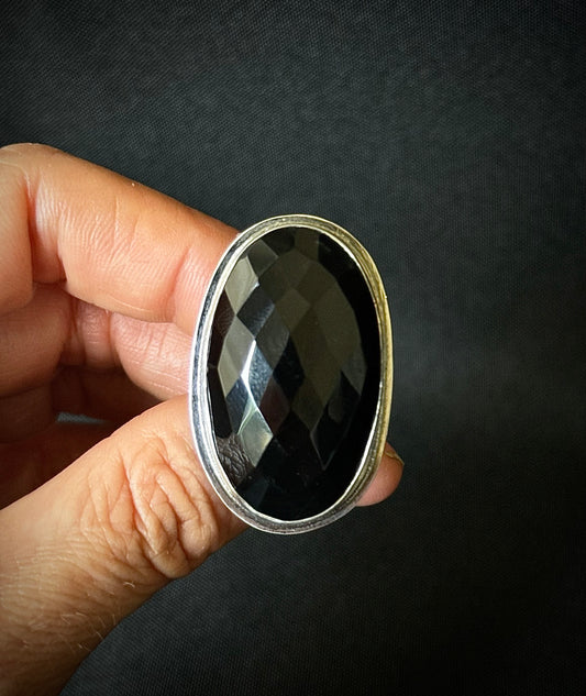 Large Oval Faceted Black Onyx Ring - Size Q