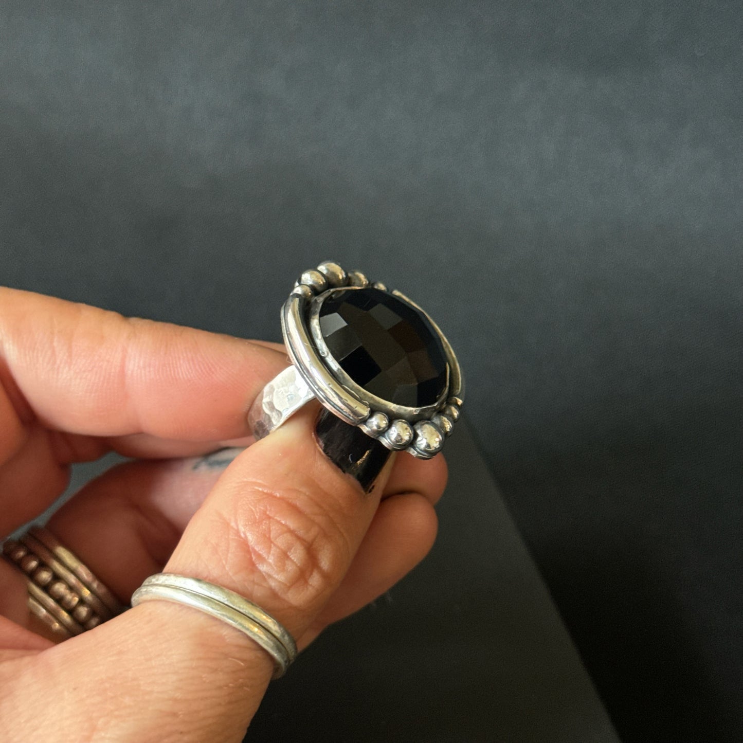 Faceted Black Onyx Sterling Silver Ring - Size U