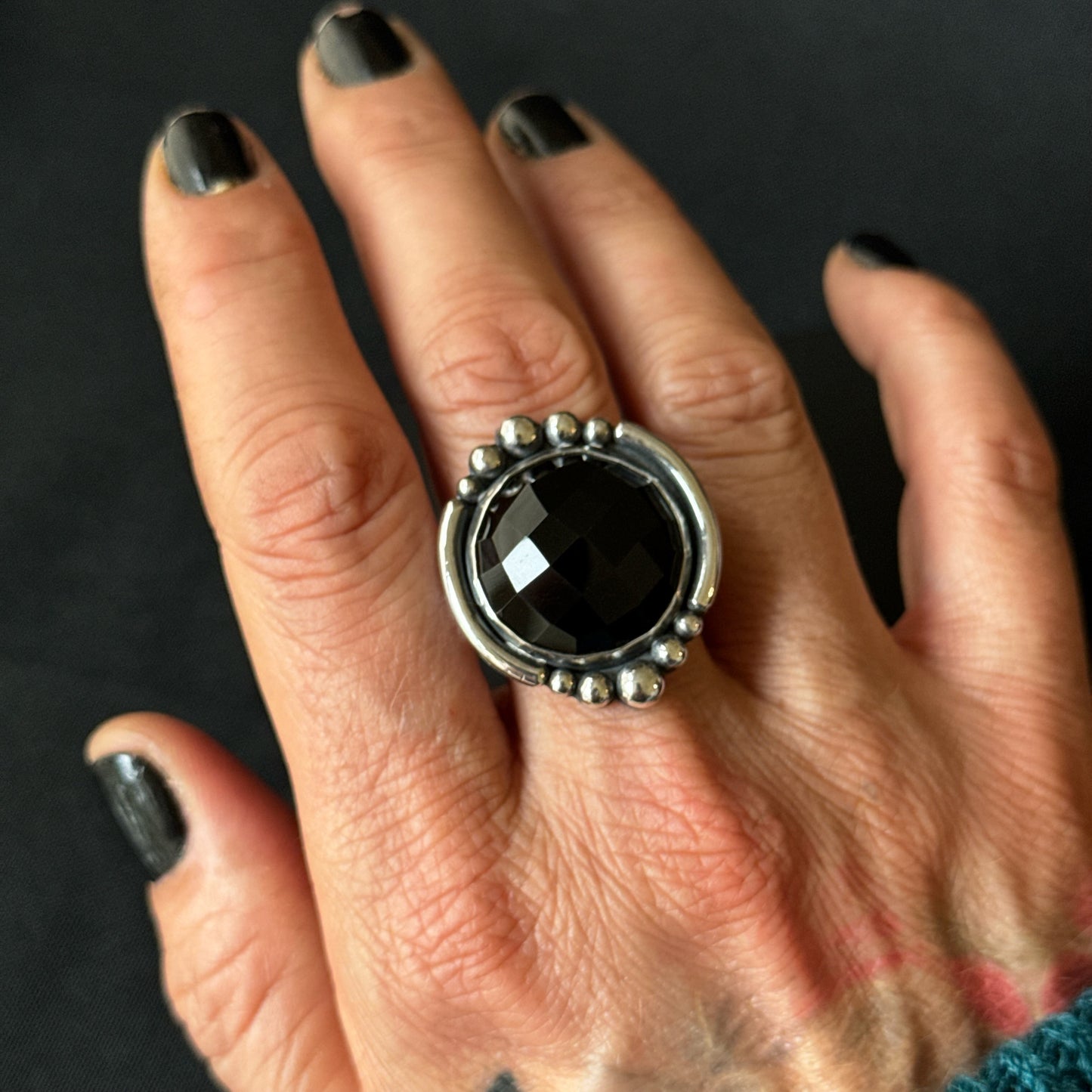 Faceted Black Onyx Sterling Silver Ring - Size U