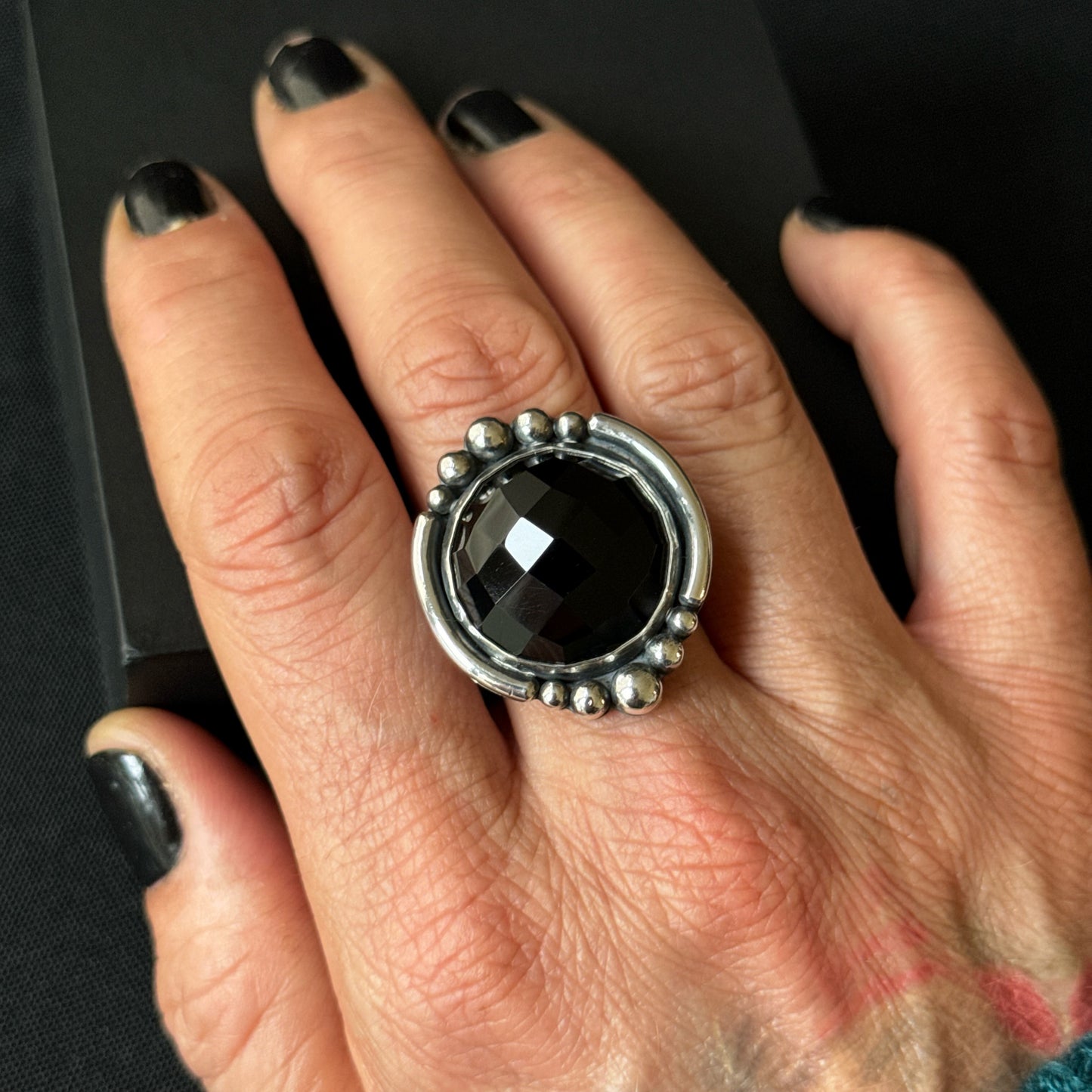 Faceted Black Onyx Sterling Silver Ring - Size U