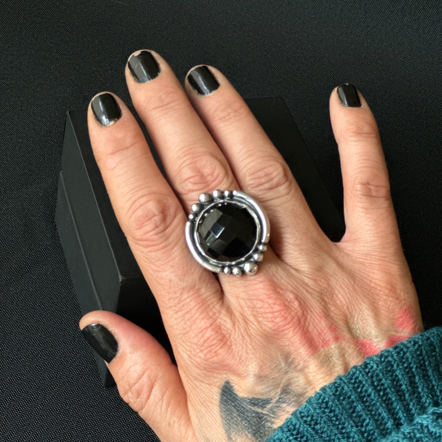 Faceted Black Onyx Sterling Silver Ring - Size U