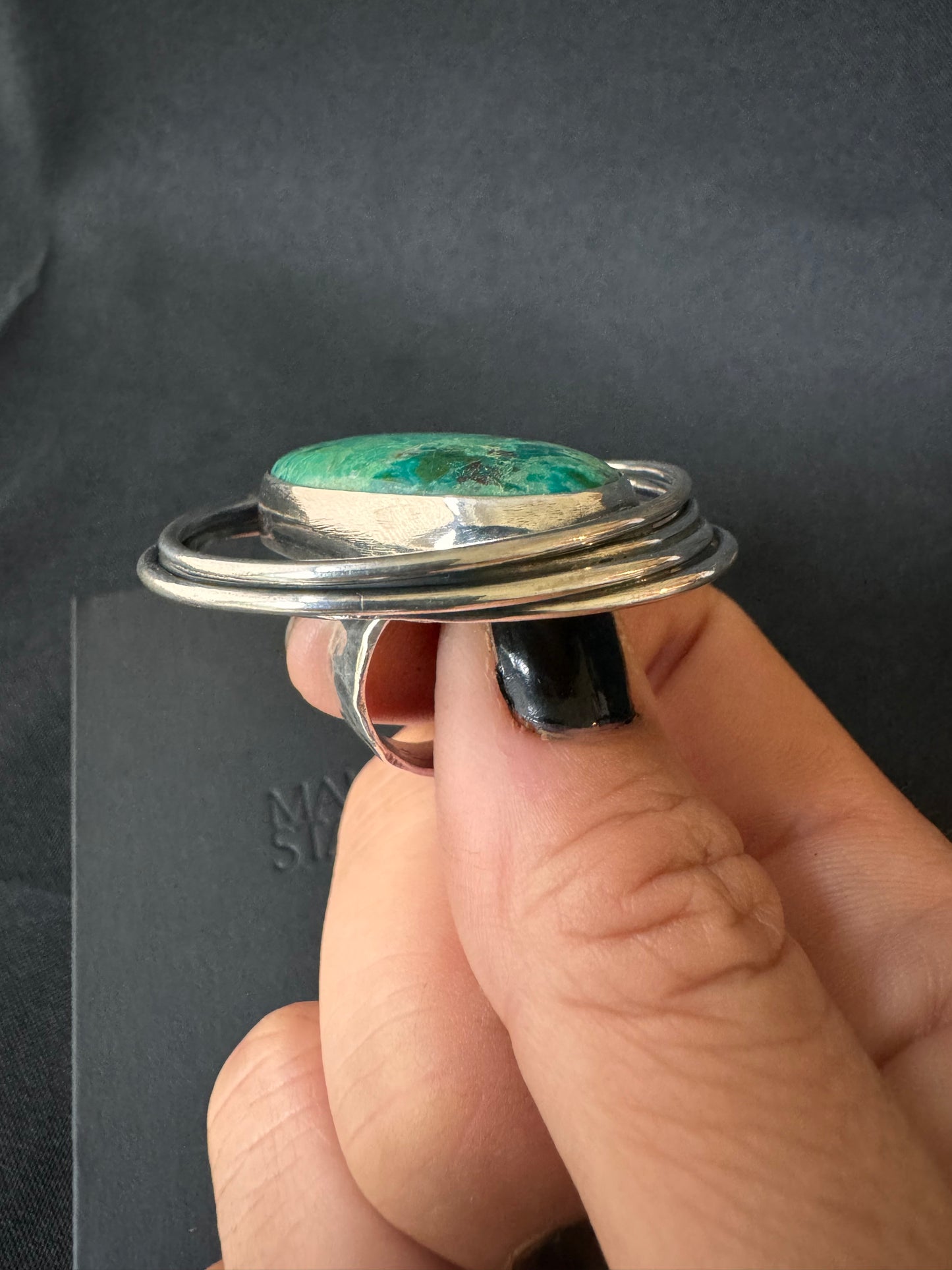 Oval Chrysocolla Oxidised Sterling Silver Ring - Size O