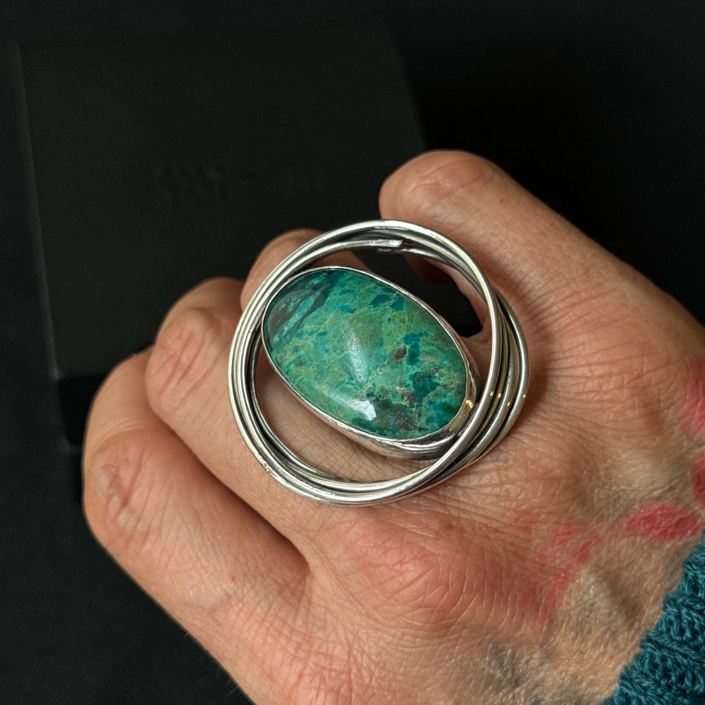 Oval Chrysocolla Oxidised Sterling Silver Ring - Size O