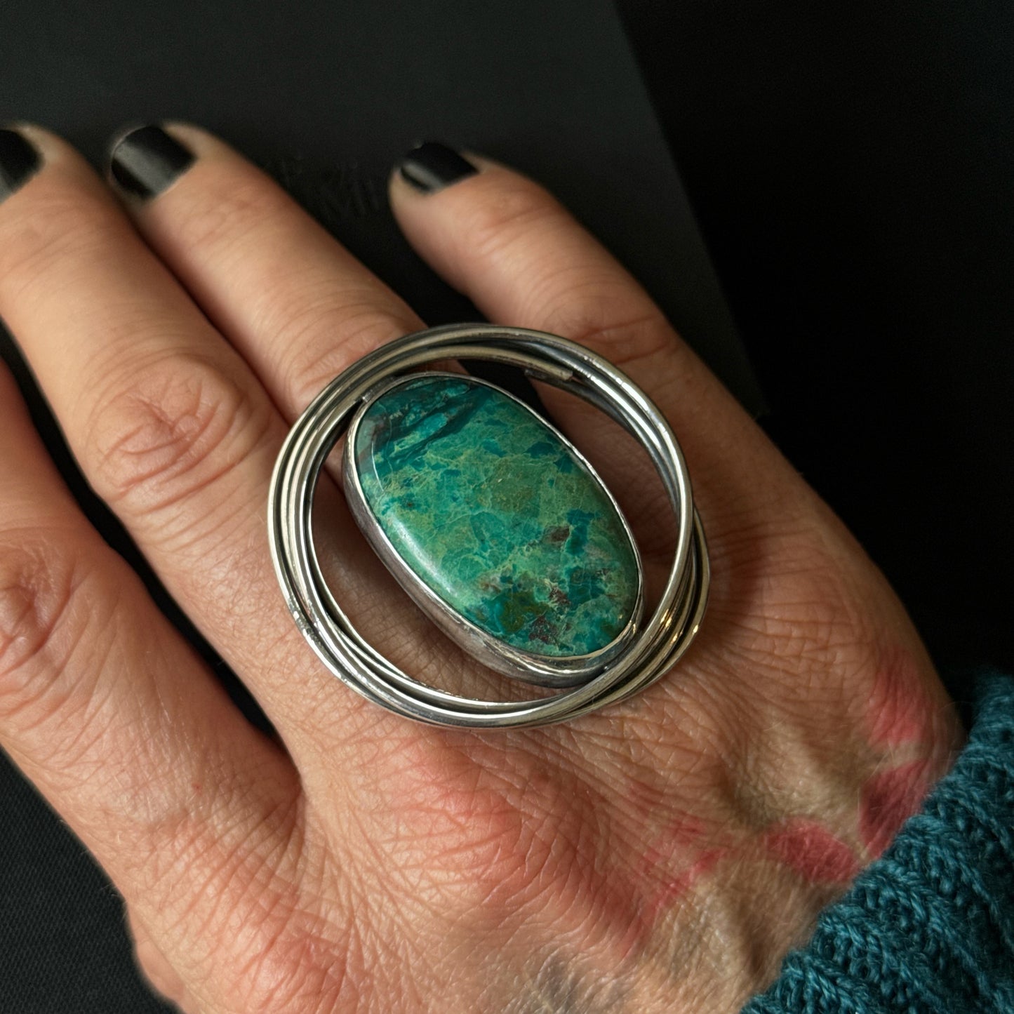 Oval Chrysocolla Oxidised Sterling Silver Ring - Size O