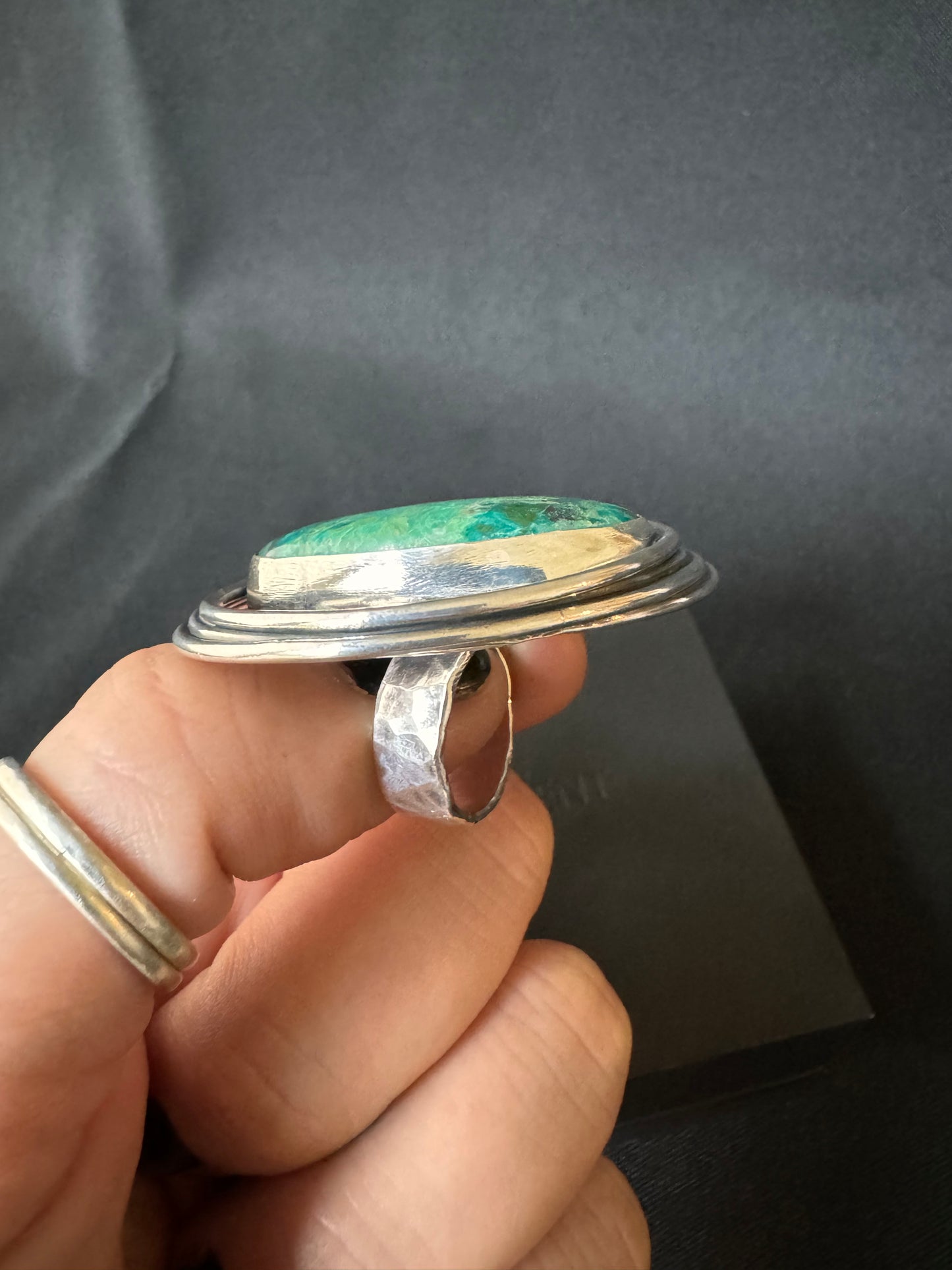 Oval Chrysocolla Oxidised Sterling Silver Ring - Size O