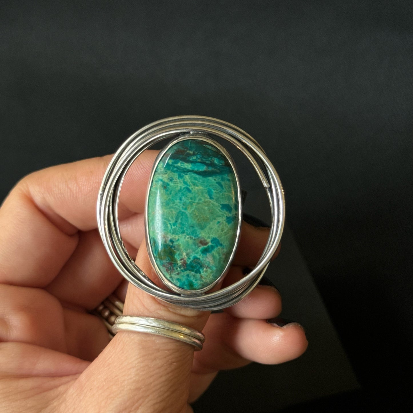 Oval Chrysocolla Oxidised Sterling Silver Ring - Size O