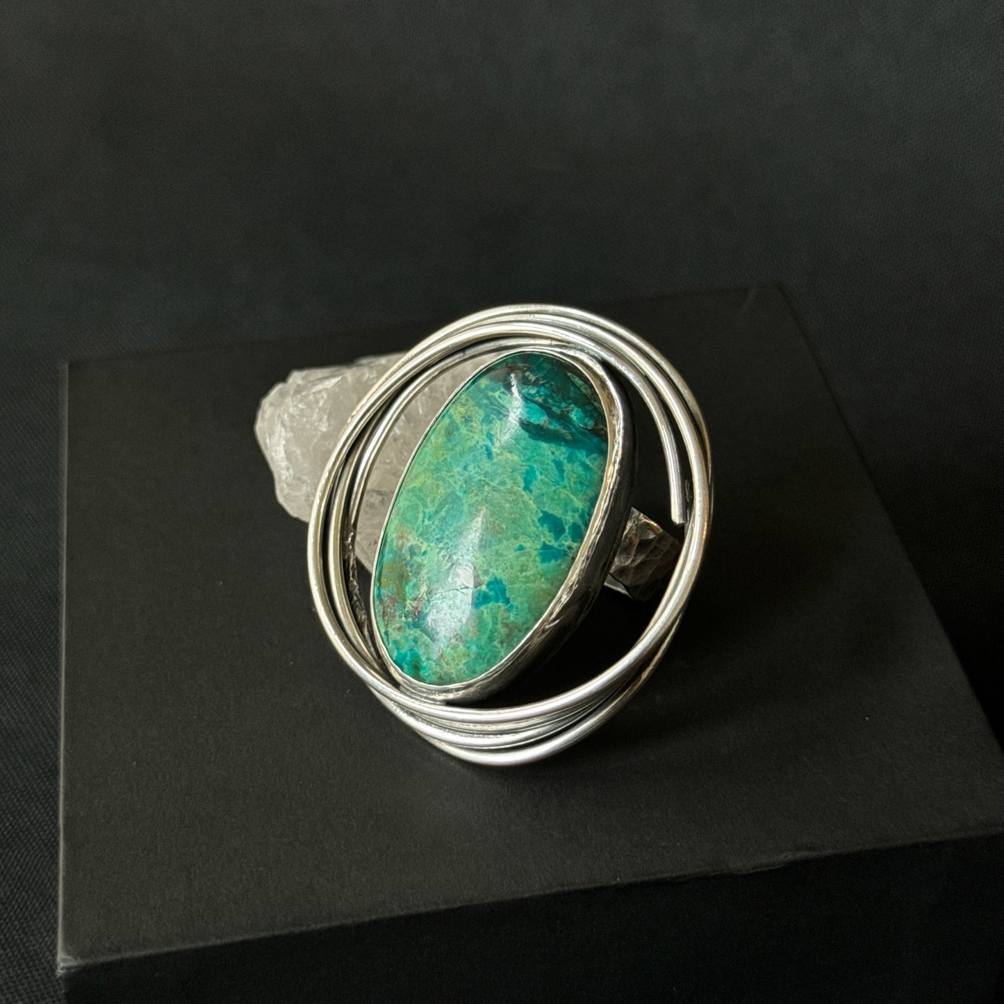 Oval Chrysocolla Oxidised Sterling Silver Ring - Size O