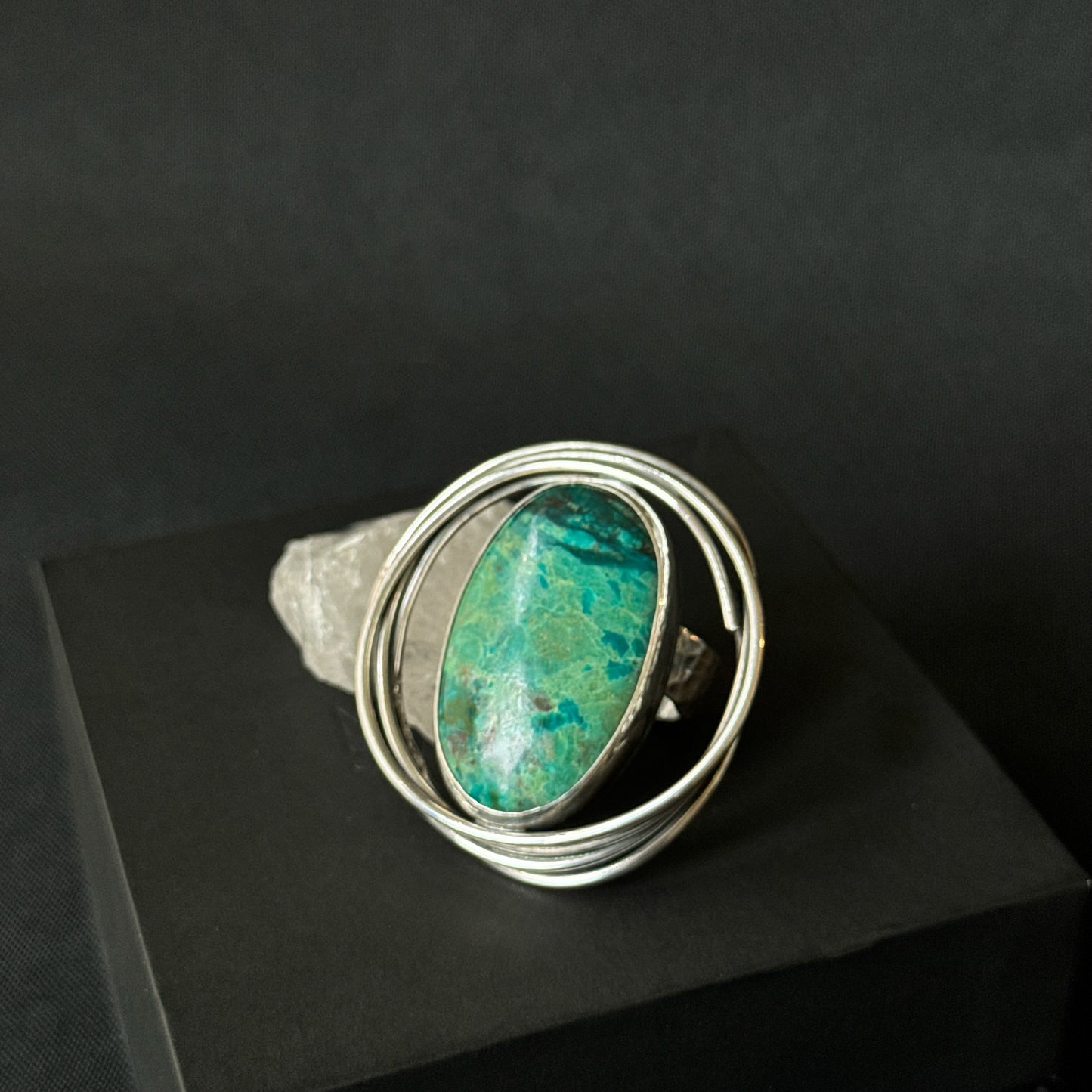 Oval Chrysocolla Oxidised Sterling Silver Ring - Size O