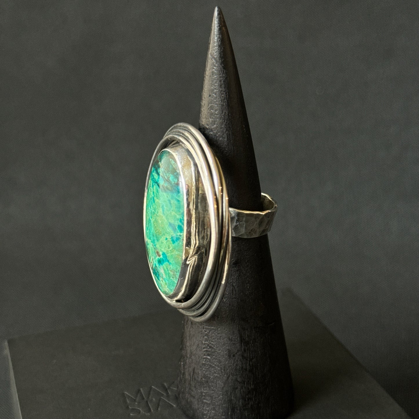 Oval Chrysocolla Oxidised Sterling Silver Ring - Size O