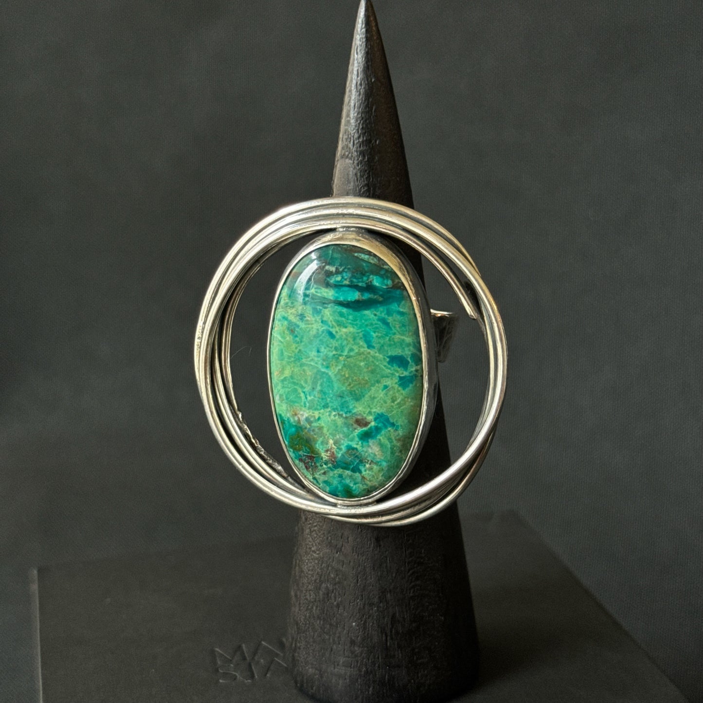 Oval Chrysocolla Oxidised Sterling Silver Ring - Size O