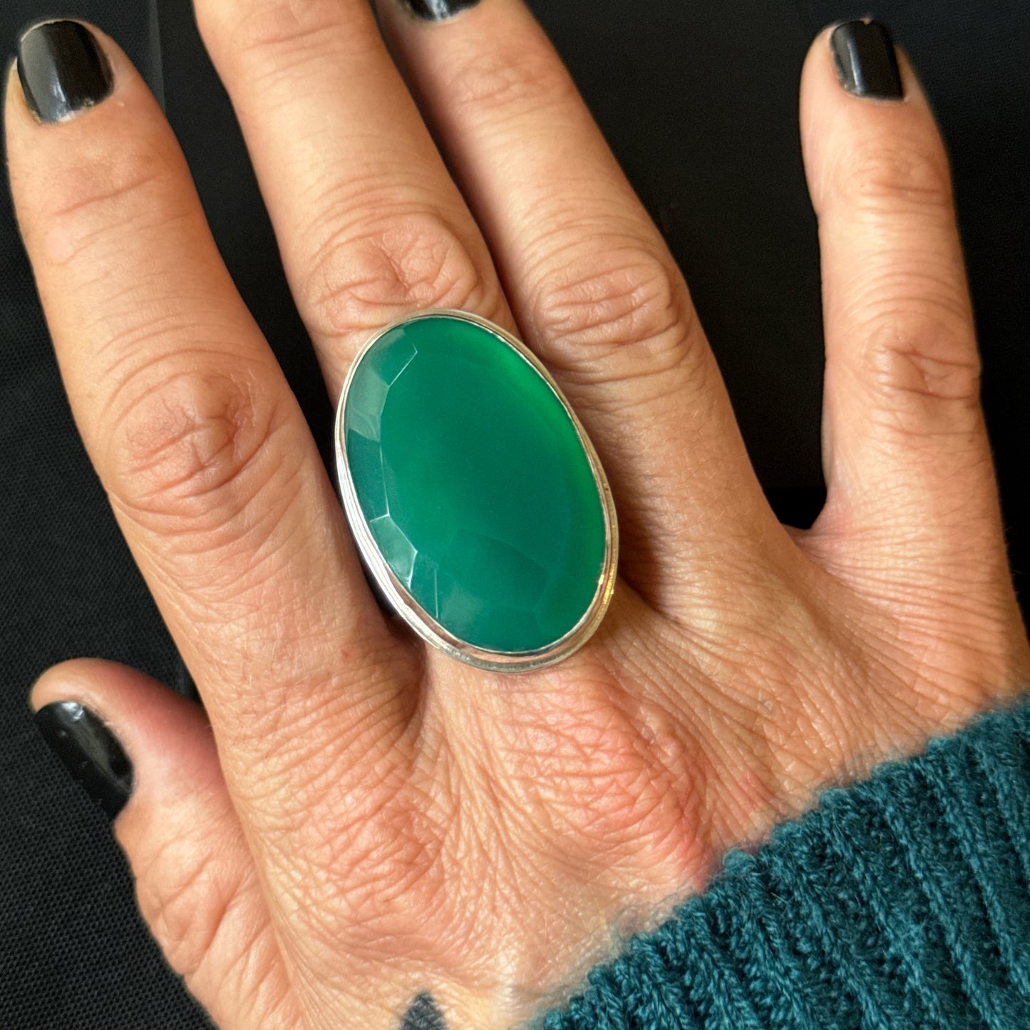 Faceted Green Onyx Sterling Silver Ring - Size R