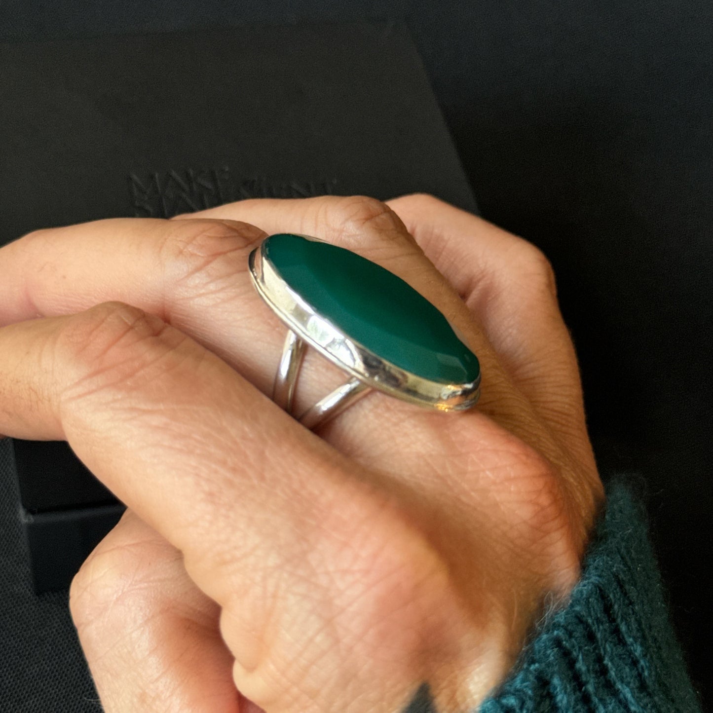 Faceted Green Onyx Sterling Silver Ring - Size R