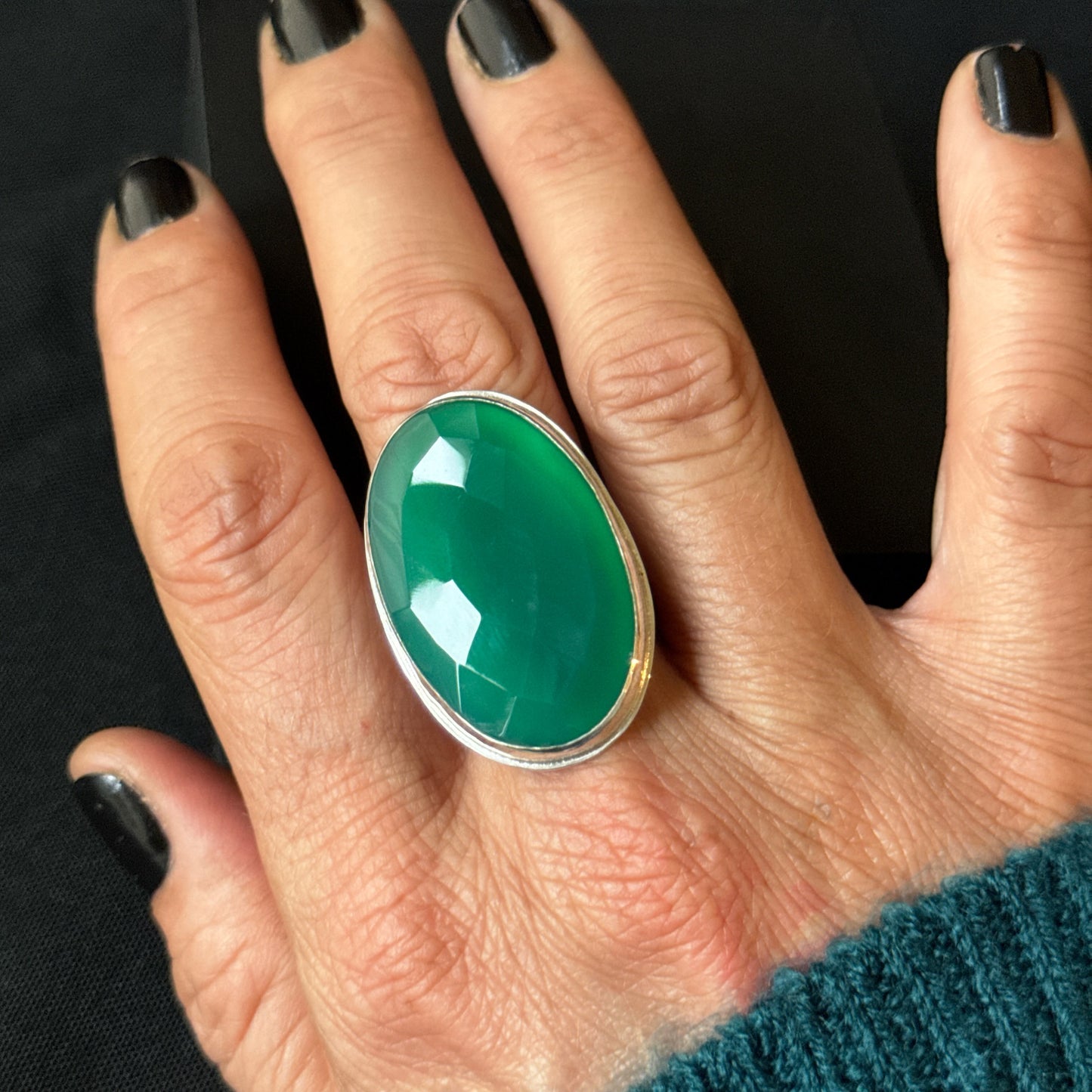 Faceted Green Onyx Sterling Silver Ring - Size R