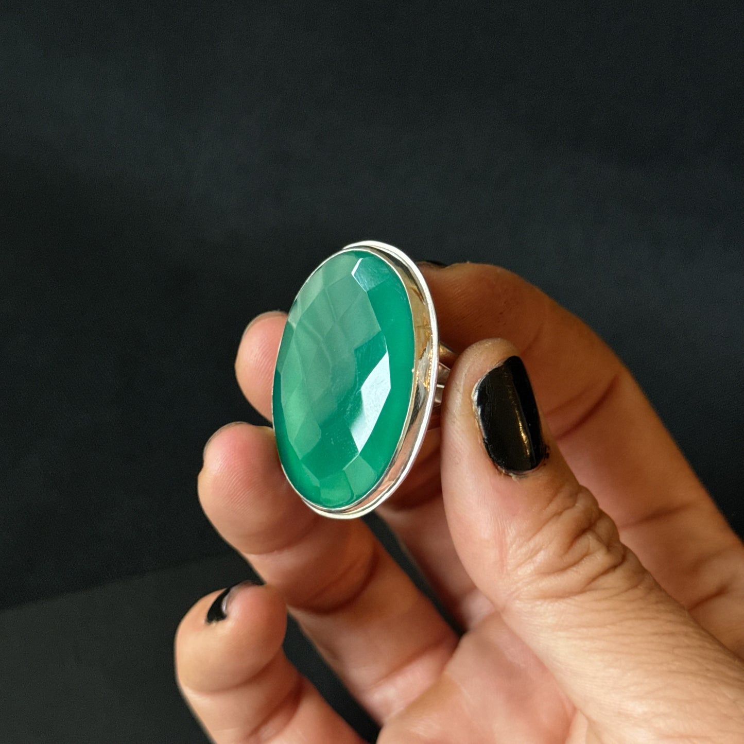 Faceted Green Onyx Sterling Silver Ring - Size R