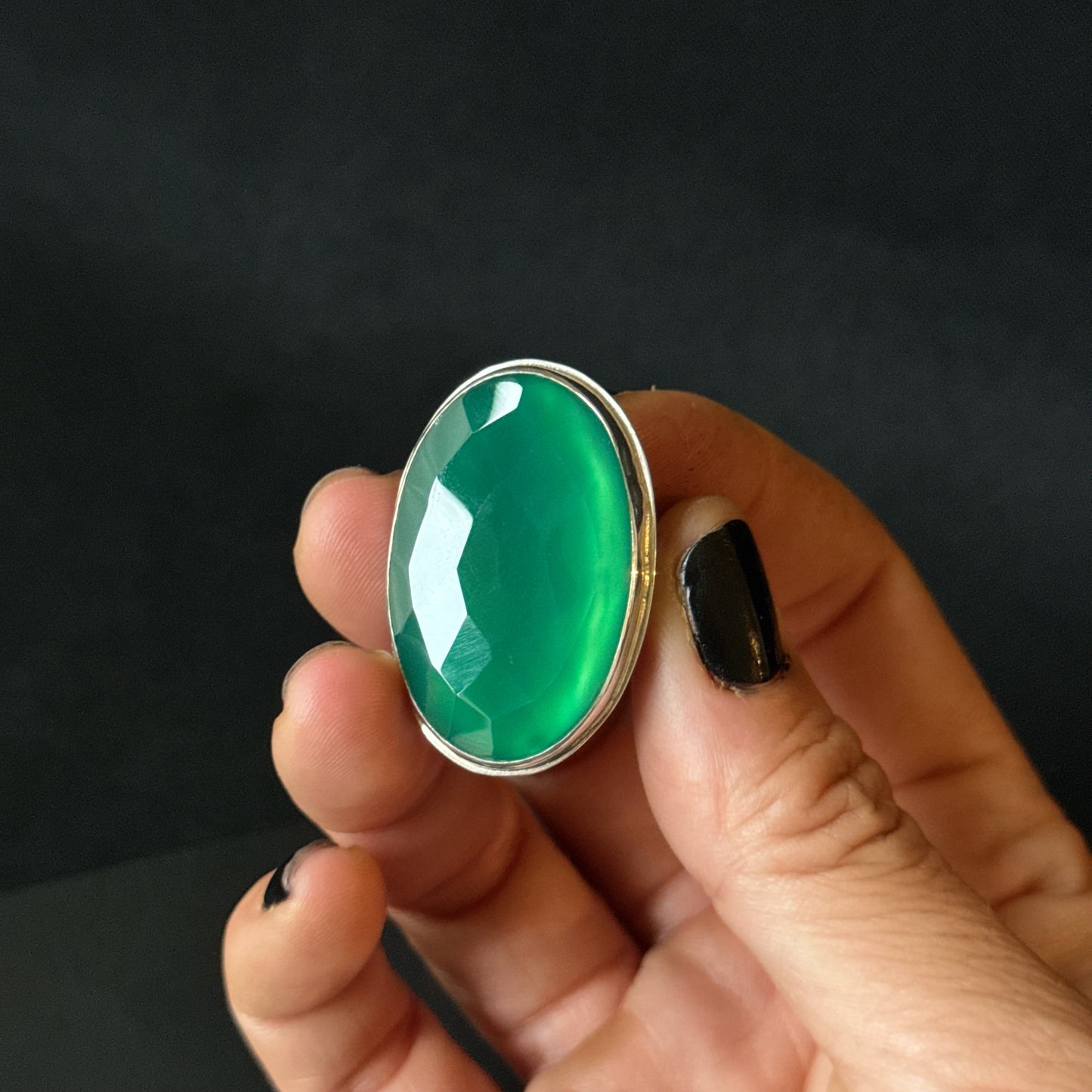 Faceted Green Onyx Sterling Silver Ring - Size R