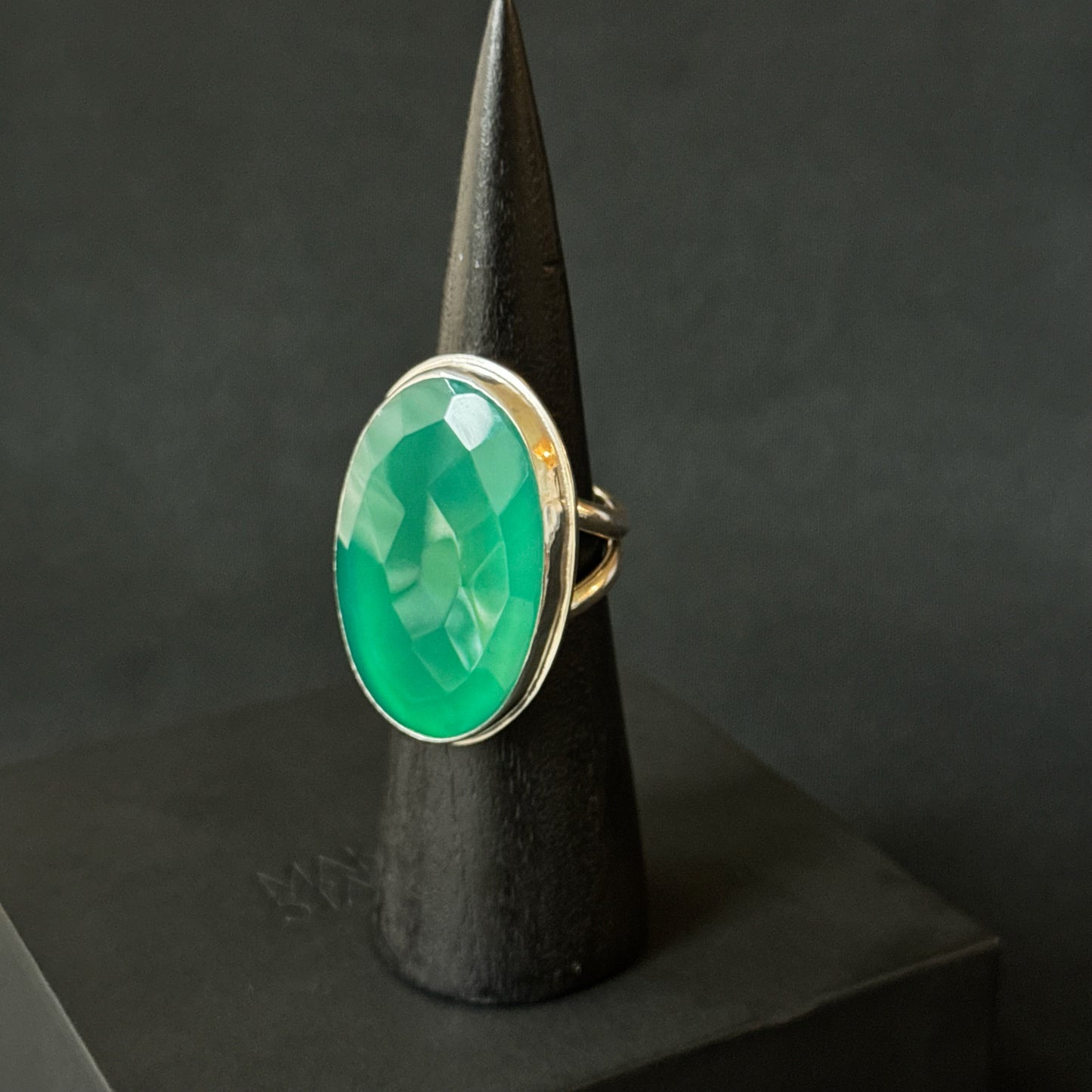 Faceted Green Onyx Sterling Silver Ring - Size R