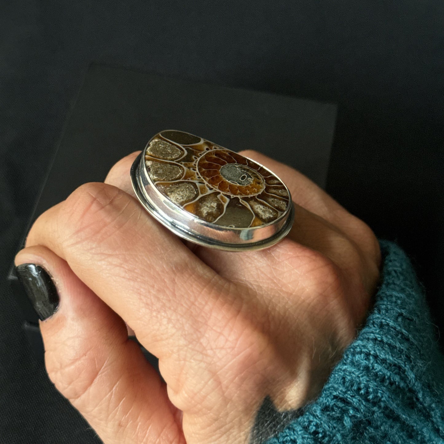 Large Ammonite Sterling Silver Ring - Size Q