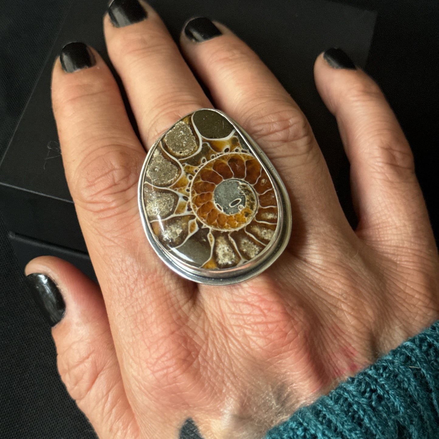 Large Ammonite Sterling Silver Ring - Size Q