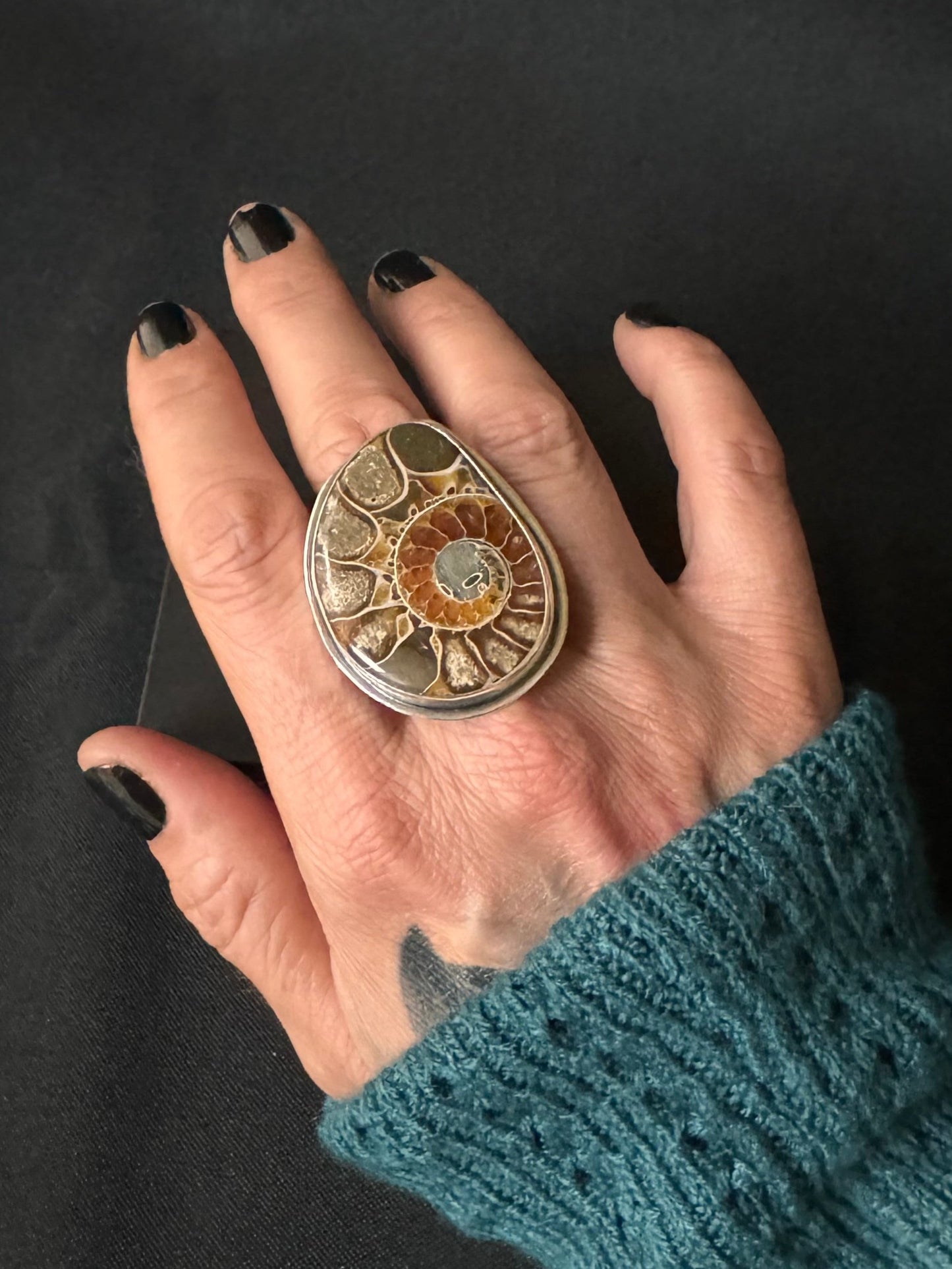 Large Ammonite Sterling Silver Ring - Size Q