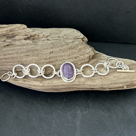 Oval Charoite Stone Sterlng Silver Chunky Chain Bracelet