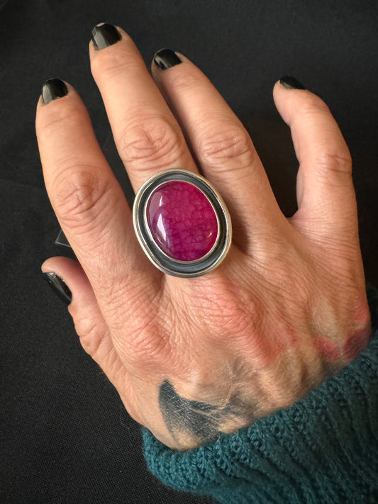 Pink Dragon Vein Agate Oxdised Sterling Silver Ring - Size R 1/2