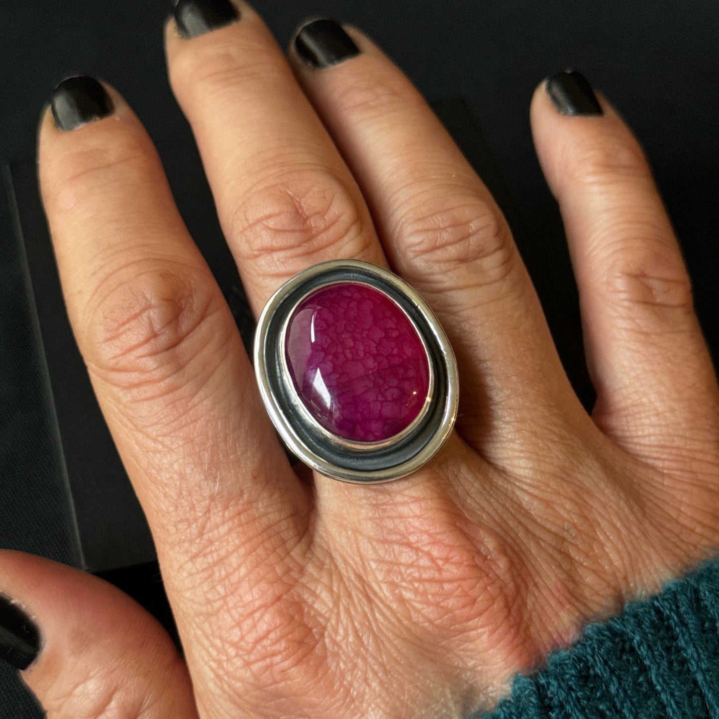 Pink Dragon Vein Agate Oxdised Sterling Silver Ring - Size R 1/2