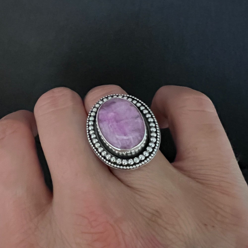 Pink Rainbow Moonstone Beaded Sterling Silver Ring - Size N