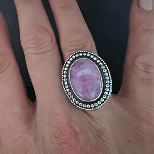 Pink Rainbow Moonstone Beaded Sterling Silver Ring - Size N