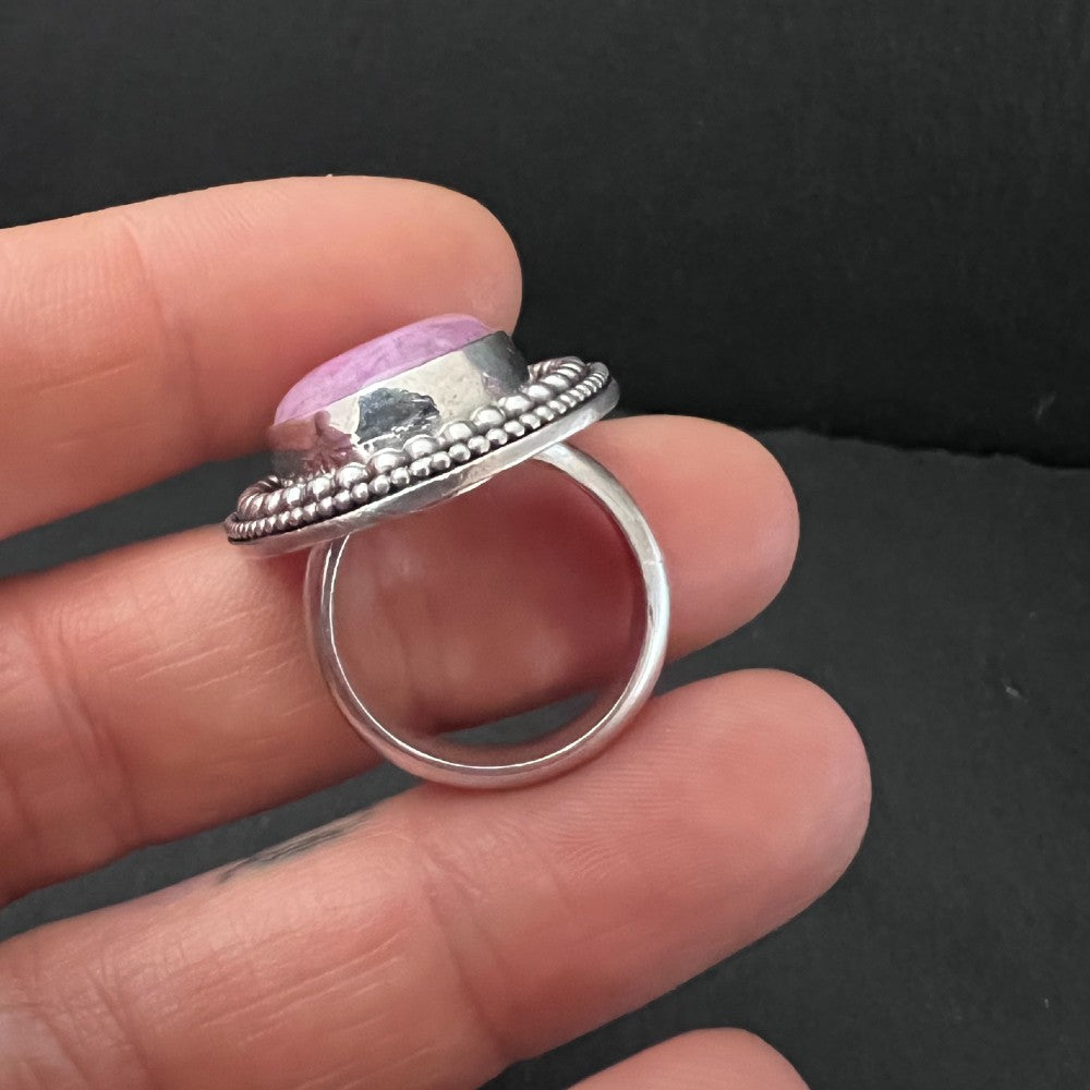 Pink Rainbow Moonstone Beaded Sterling Silver Ring - Size N