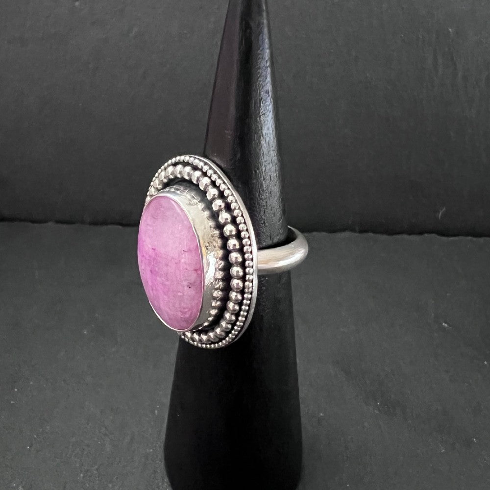 Pink Rainbow Moonstone Beaded Sterling Silver Ring - Size N