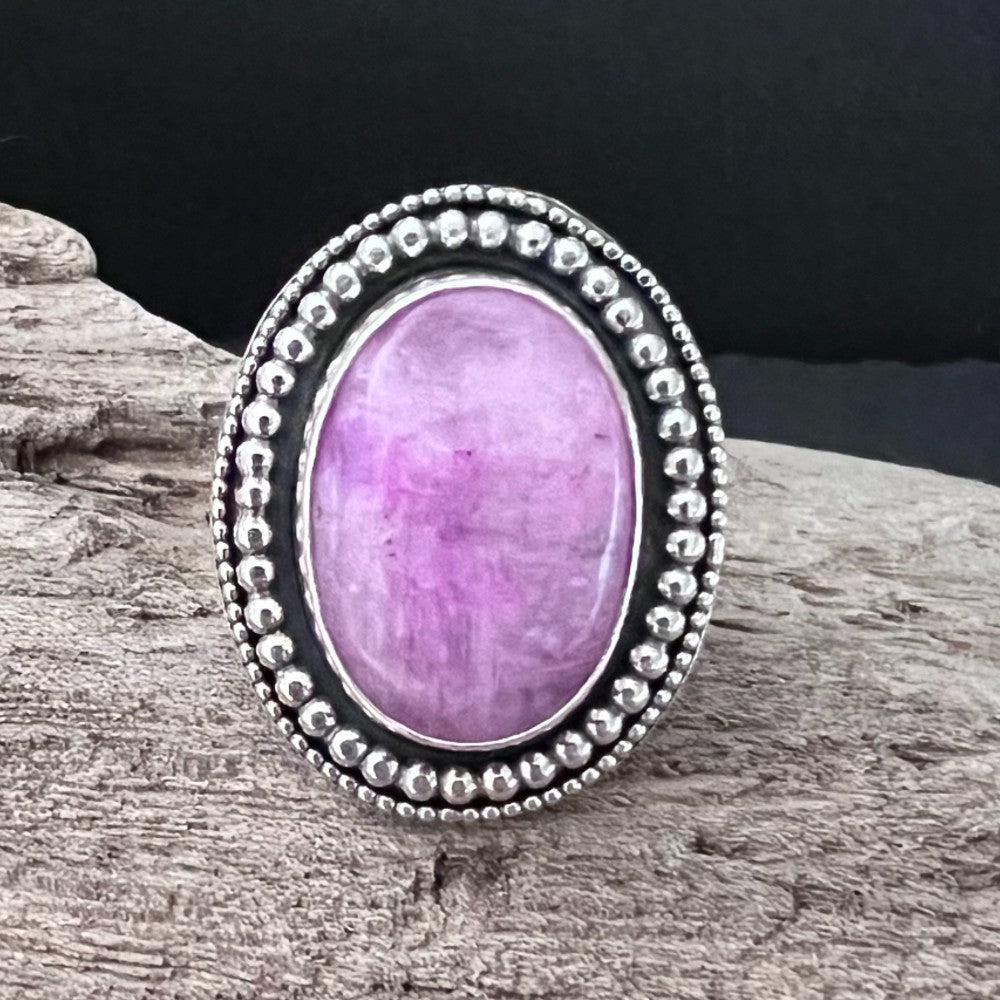 Pink Rainbow Moonstone Beaded Sterling Silver Ring - Size N