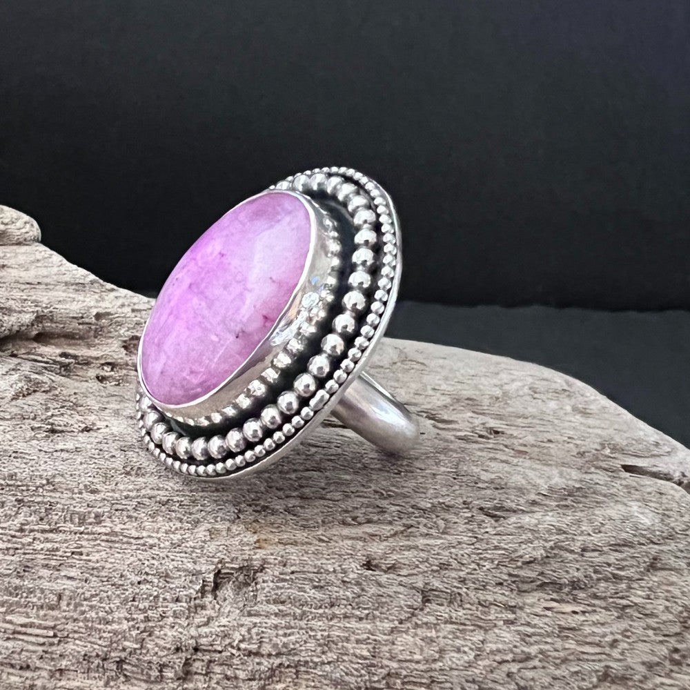 Pink Rainbow Moonstone Beaded Sterling Silver Ring - Size N