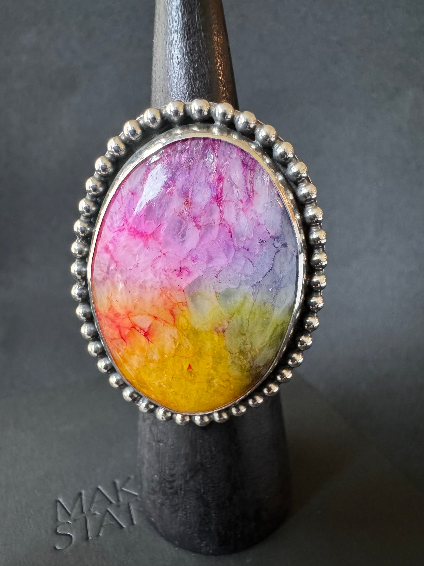 Rainbow Solar Quartz Beaded Sterling Silver Ring - Size P 1/2