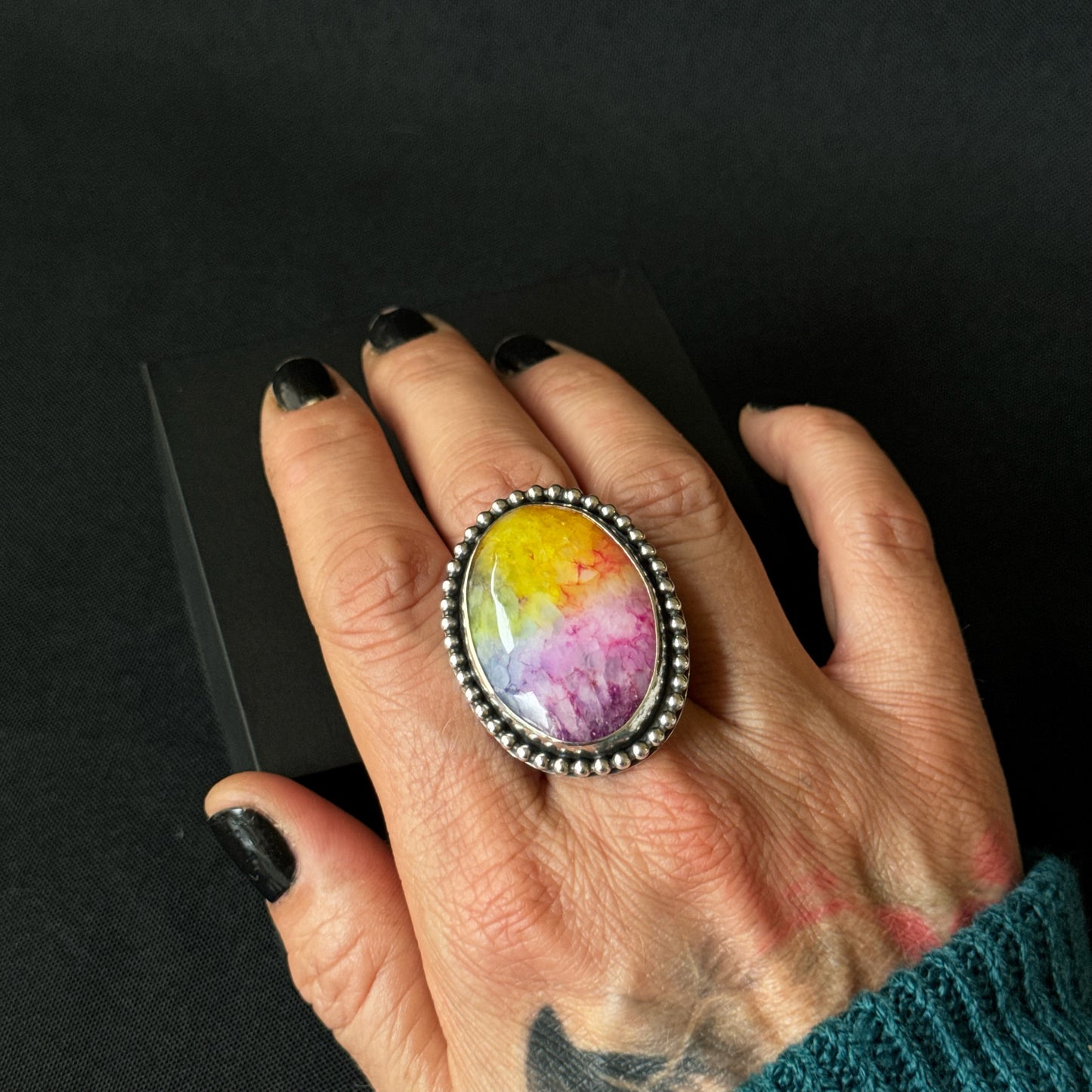 Rainbow Solar Quartz Beaded Sterling Silver Ring - Size P 1/2