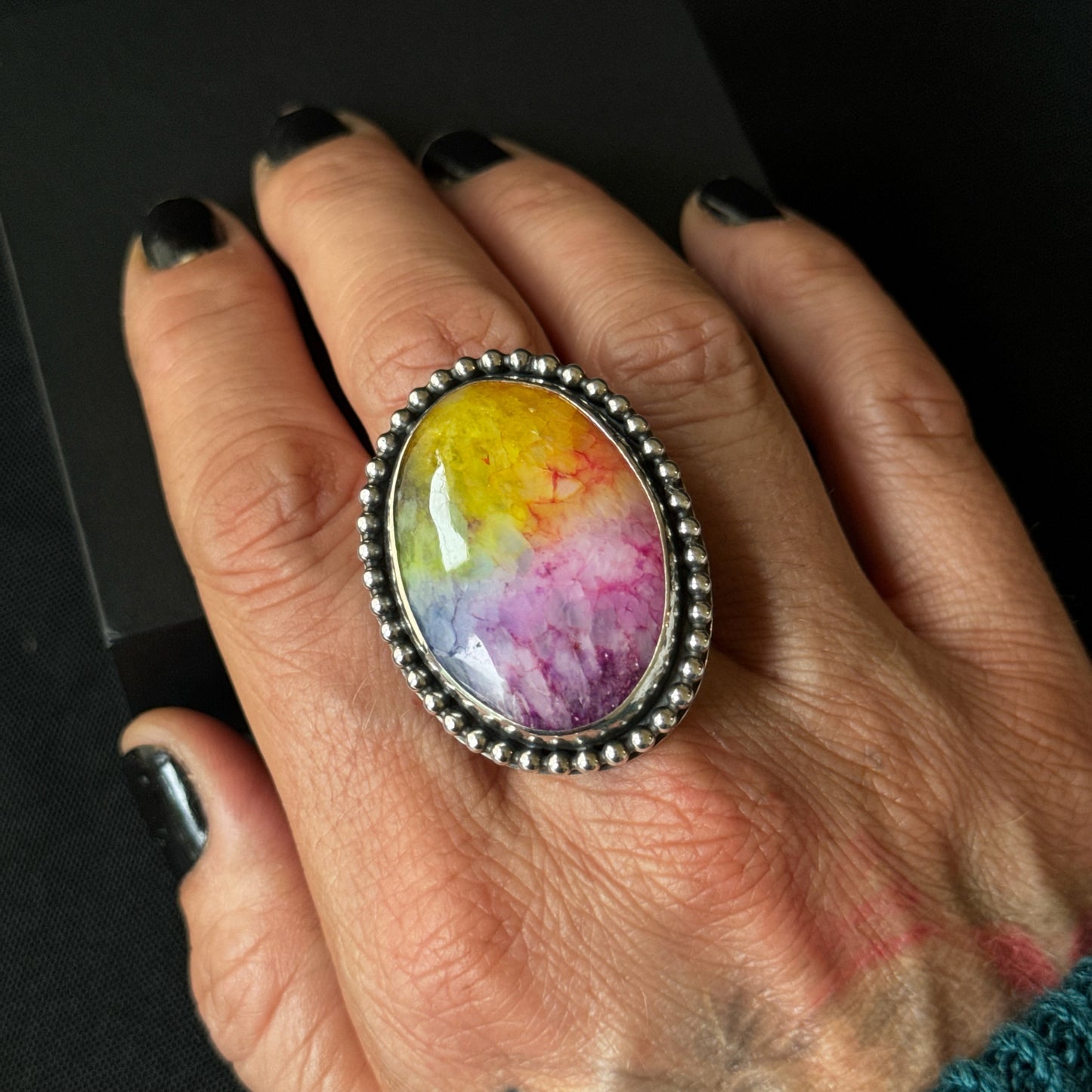 Rainbow Solar Quartz Beaded Sterling Silver Ring - Size P 1/2