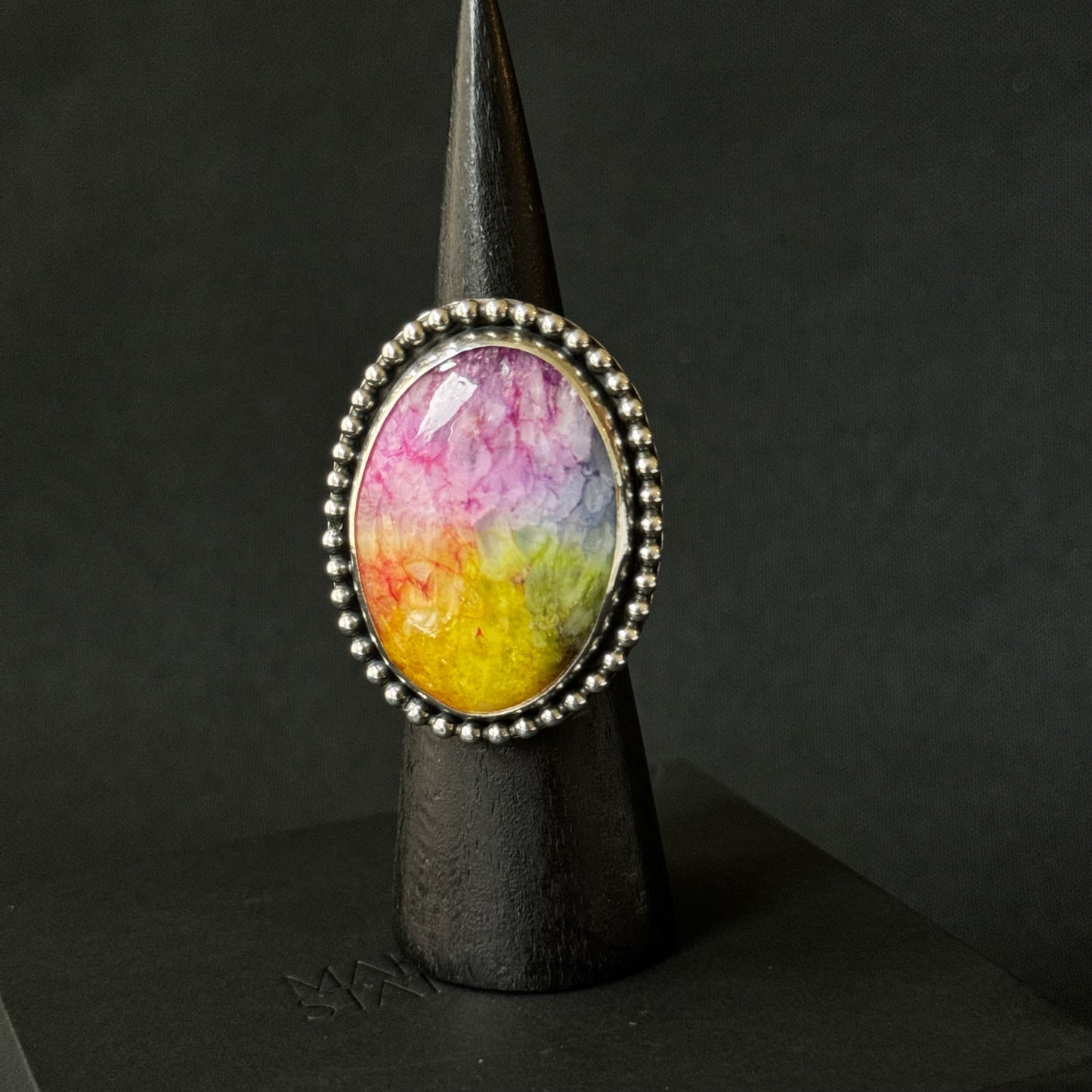 Rainbow Solar Quartz Beaded Sterling Silver Ring - Size P 1/2