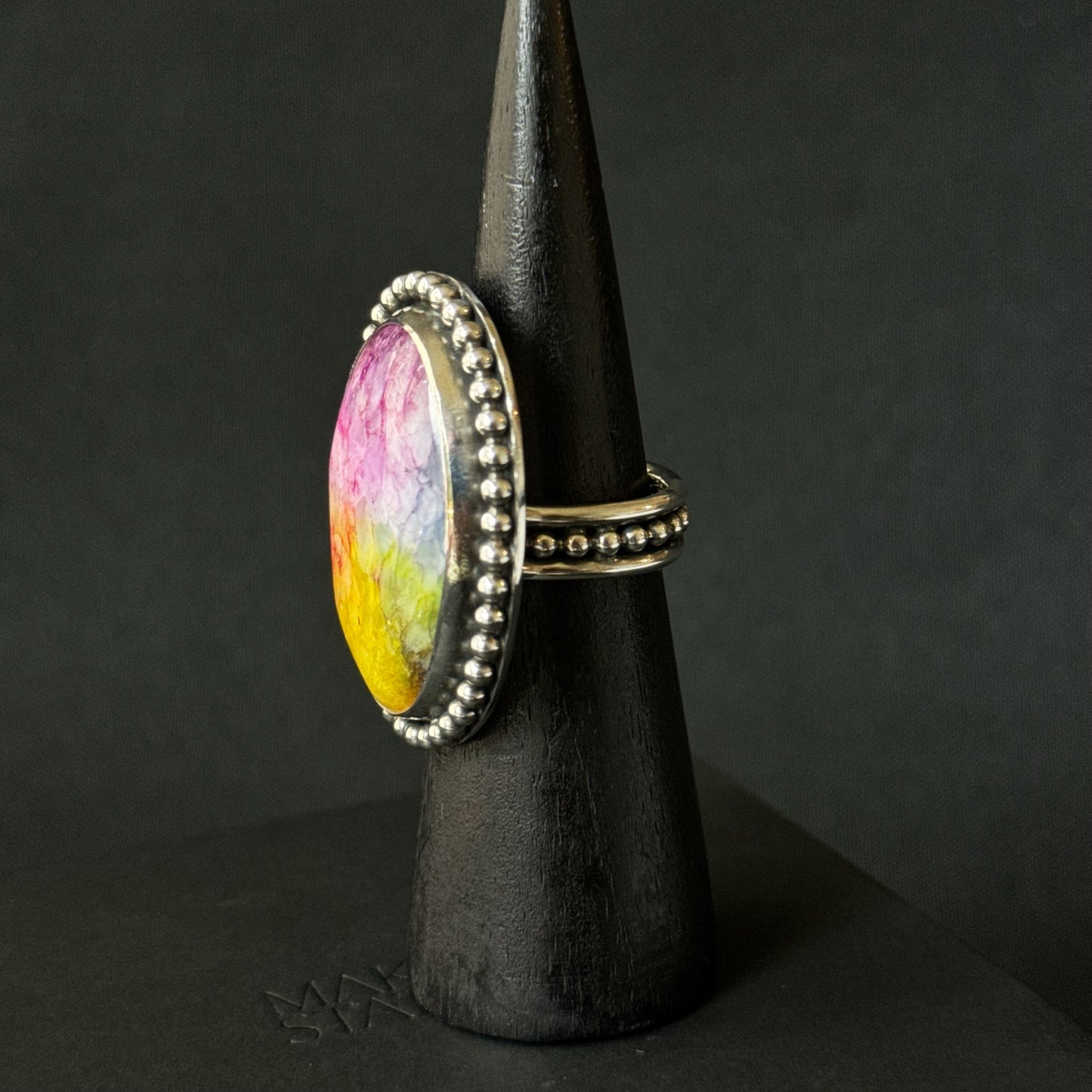 Rainbow Solar Quartz Beaded Sterling Silver Ring - Size P 1/2