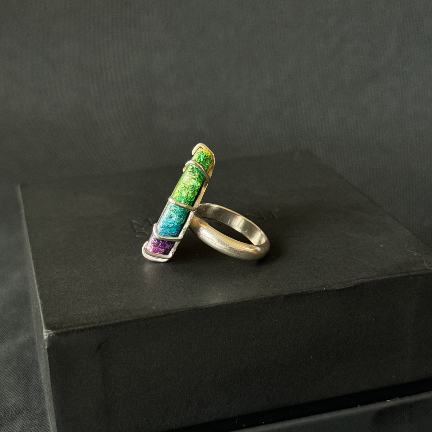 Rainbow Solar Quartz Slice Sterling Silver Ring - Size N