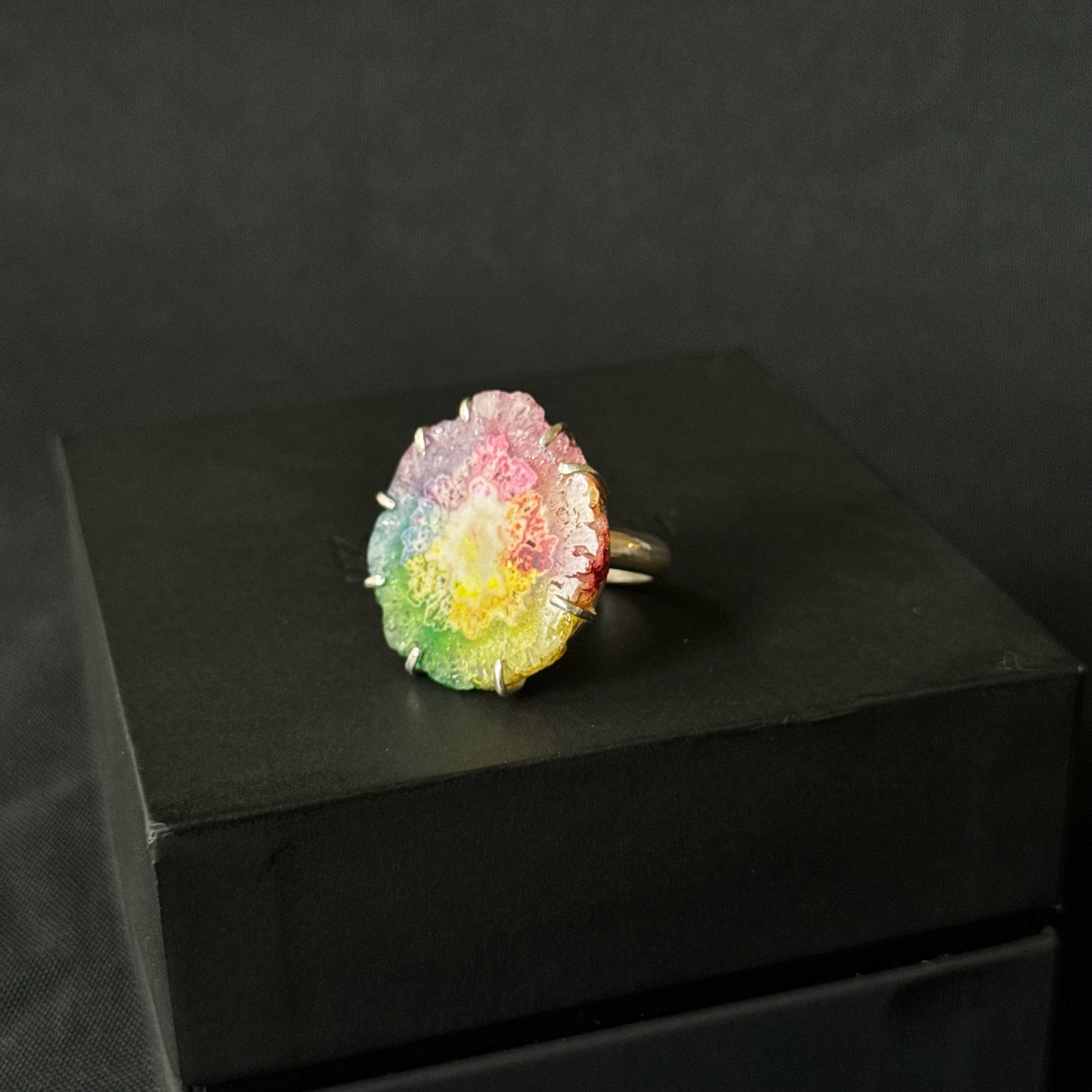 Rainbow Solar Quartz Slice Sterling Silver Ring - Size N