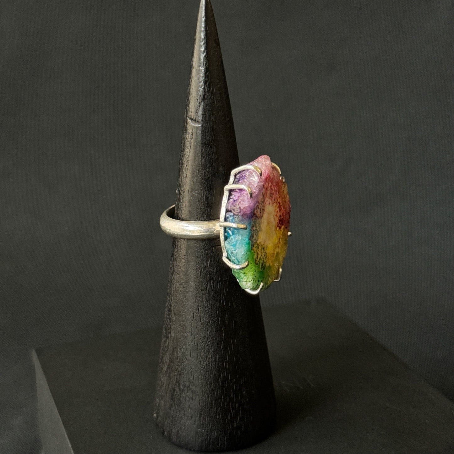 Rainbow Solar Quartz Slice Sterling Silver Ring - Size N